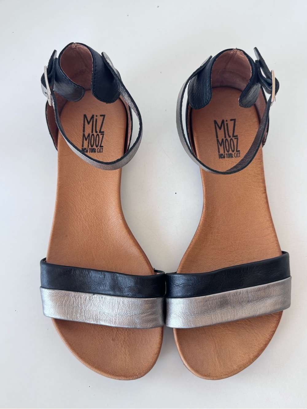 Miz Mooz Atlantic Black Pewter Boho Leather Ankle Strap Sandals Shoes Size 38